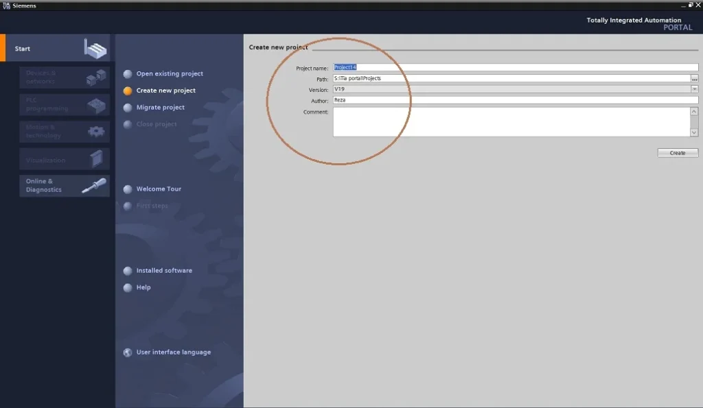 انتخاب نام پروژه و ادرس ذخیره سازی در برنامه تیا پورتال